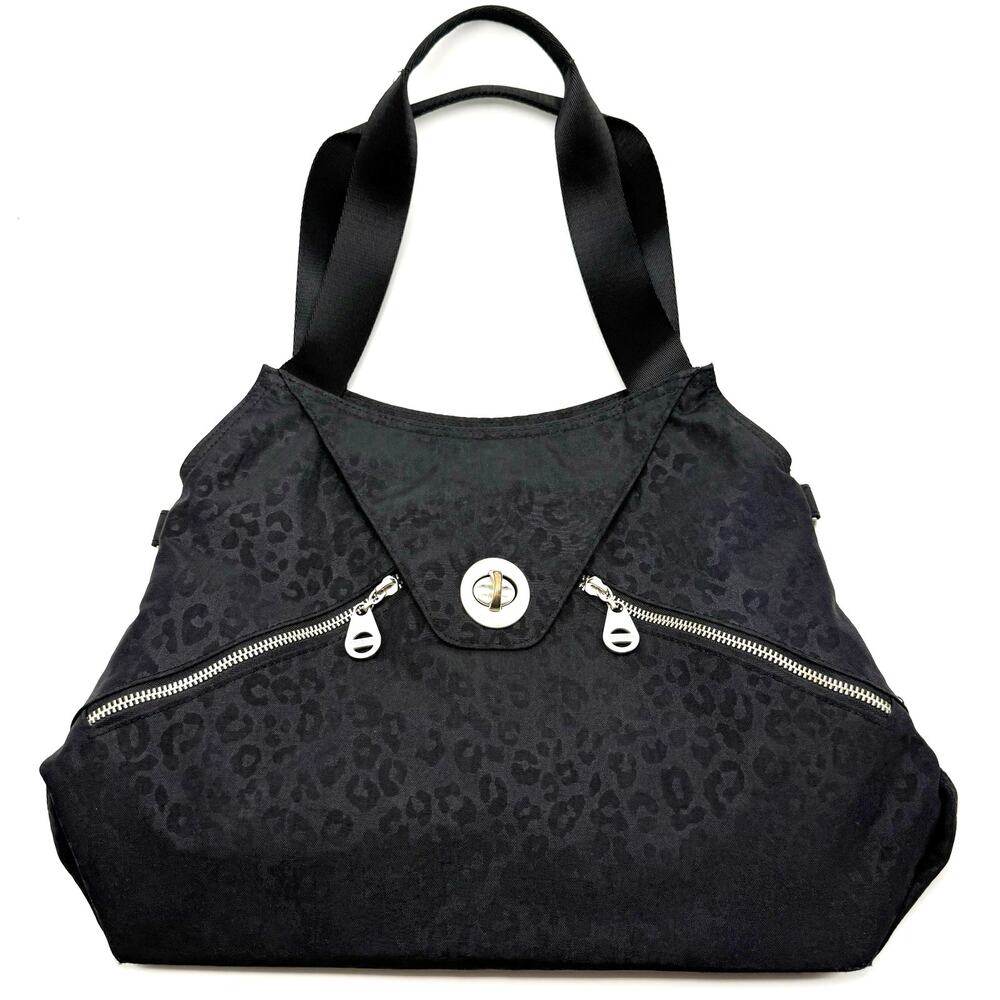 Baggallini Black Leopard Print Purse Shoulder Bag Travel Tote Turnlock Flap